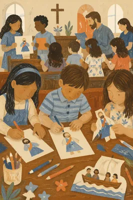 Sunday School Children Making Paper Crafts