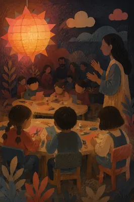 Sunday School Children Crafting Under Warm Lantern