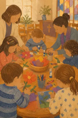 Sunday School Children Making Paper Flower Crafts