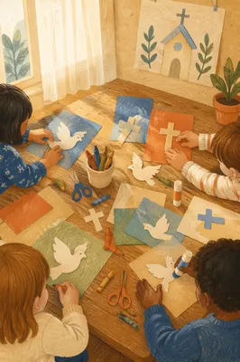 Sunday School Children Crafting Paper Doves