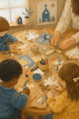 Sunday School Children Crafting Paper Doves