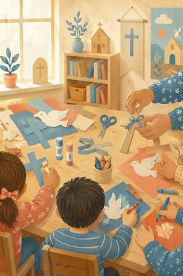 Sunday School Children Crafting Paper Doves