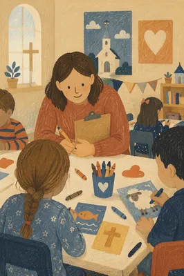 Sunday School Children Crafting in Church Classroom
