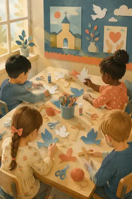 Sunday School Children Crafting Paper Doves