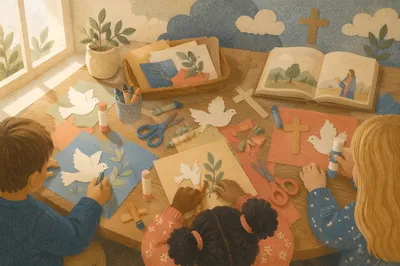Sunday School Children Crafting Paper Doves