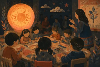 Sunday School Children Crafting Under Warm Lantern