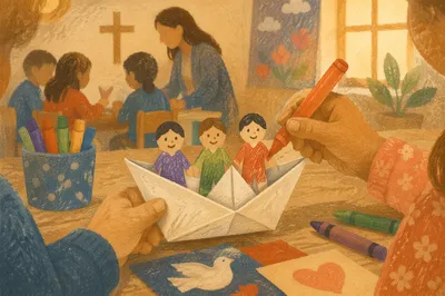 Sunday School Children Making Paper Boat Craft
