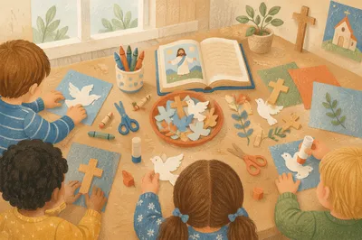Sunday School Children Crafting Paper Doves