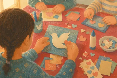 Sunday School Children Creating Colorful Dove Craft