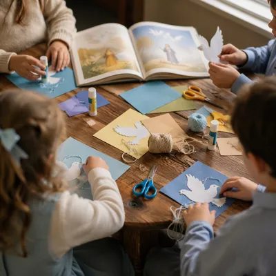 Sunday School Children Making Dove Crafts