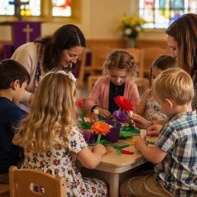 Sunday School Children Making Paper Flower Crafts
