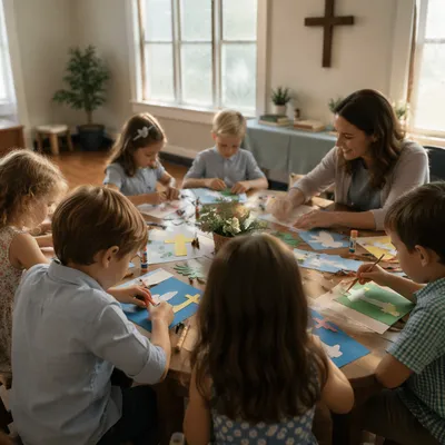 Sunday School Children Creating Paper Crafts