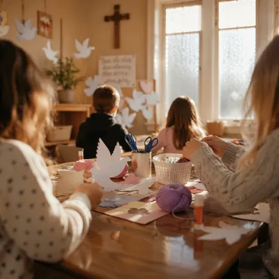 Sunday School Children Making Paper Dove Crafts