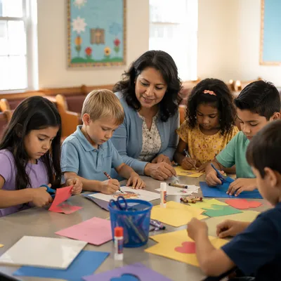 Sunday School Children Craft Time in Classroom