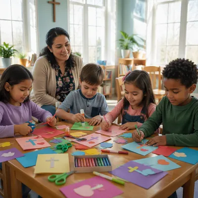 Sunday School Children Craft Time in Classroom