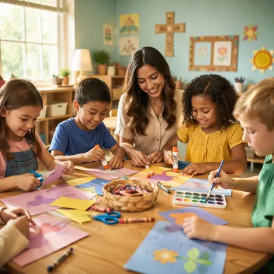 Cheerful Sunday School Children Craft Time