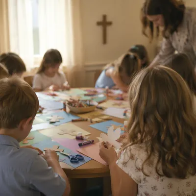 Sunday School Children Creating Paper Dove Crafts