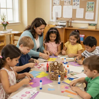 Children Making Crafts in Bright Classroom