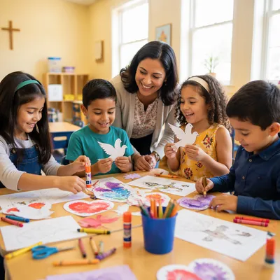 Children Making Crafts in Sunny Classroom
