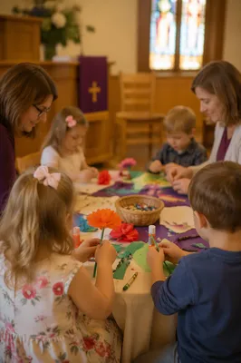 Sunday School Children Making Paper Flower Crafts