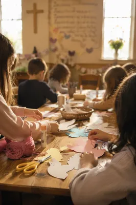 Sunday School Children Crafting Paper Doves