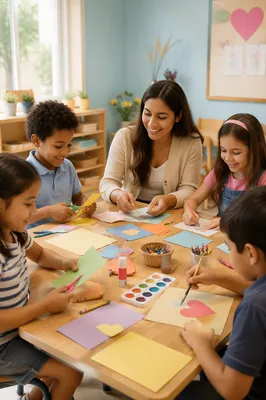 Children Making Crafts in Sunny Classroom