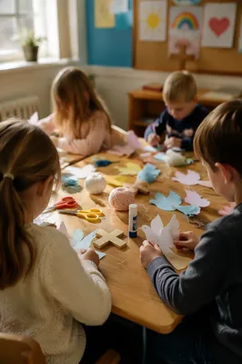 Sunday School Children Crafting Paper Doves