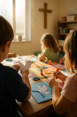 Sunday School Children Crafting Paper Doves