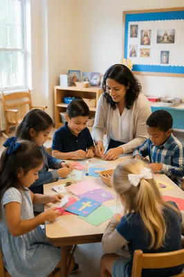 Children Doing Crafts in Bright Classroom