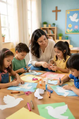 Children Making Paper Doves in Classroom