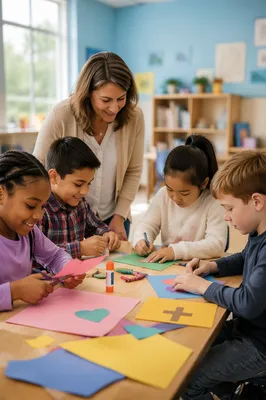Children Doing Crafts in Bright Classroom