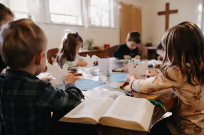 Sunday School Children Crafting Paper Doves