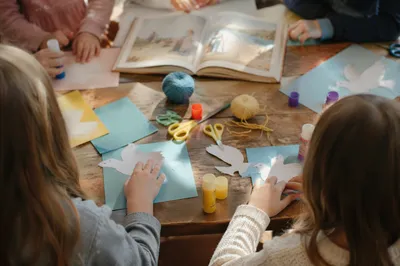 Sunday School Children Crafting Paper Doves