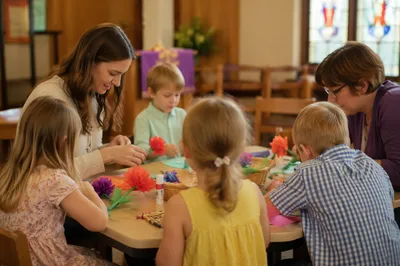 Sunday School Children Making Paper Flower Crafts