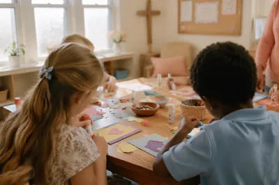 Sunday School Children Making Colorful Crafts