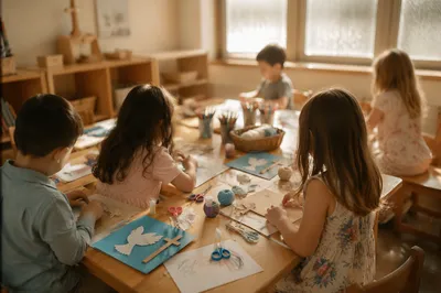 Sunday School Children Making Paper Dove Crafts