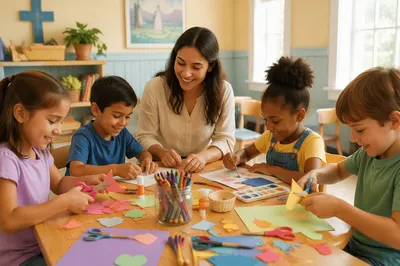 Children Crafting in Bright Sunday Classroom