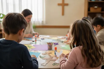 Sunday School Children Crafting Paper Doves