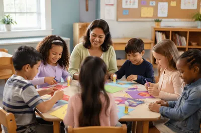 Children Doing Crafts in Bright Classroom