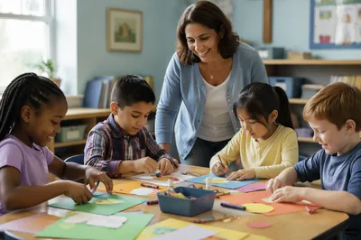 Children Doing Crafts in Bright Classroom