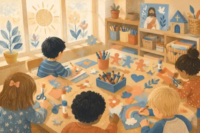 Sunday School Children Craft Table Scene