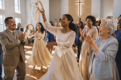 Joyful Tambourine Dance in Bright Sanctuary
