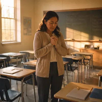 Teacher Praying in Empty Morning Classroom