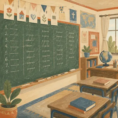 Overseas Mission English Classroom Chalkboard Scene