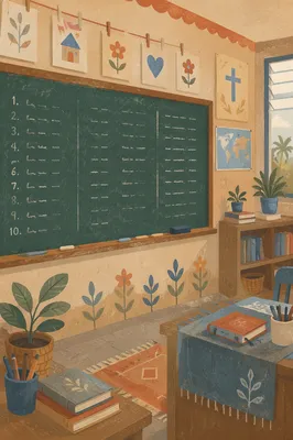Overseas Mission English Classroom Chalkboard Scene