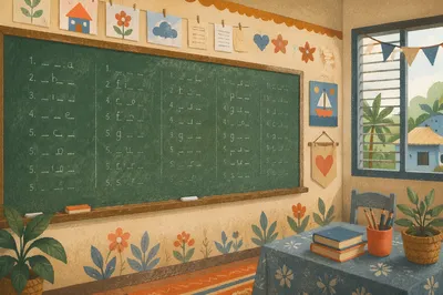 Overseas Mission English Classroom Chalkboard Scene