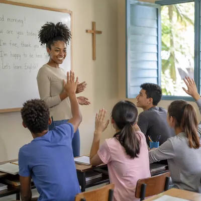 Volunteer English Lesson in Bright Classroom