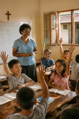 Volunteer Teacher in Sunlit Community Classroom