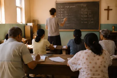 Volunteer Teaching English in Church Classroom