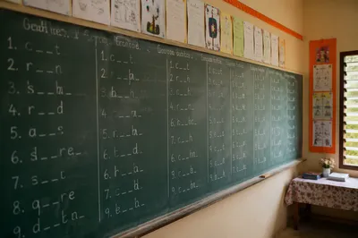Overseas English Mission Classroom Chalkboard Scene
